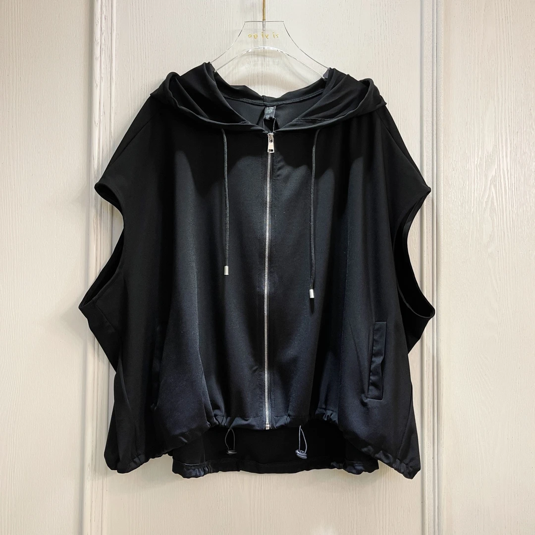2025春夏新款无袖大坎肩连帽拉链上衣宽松黑色马甲外套短袖T恤潮