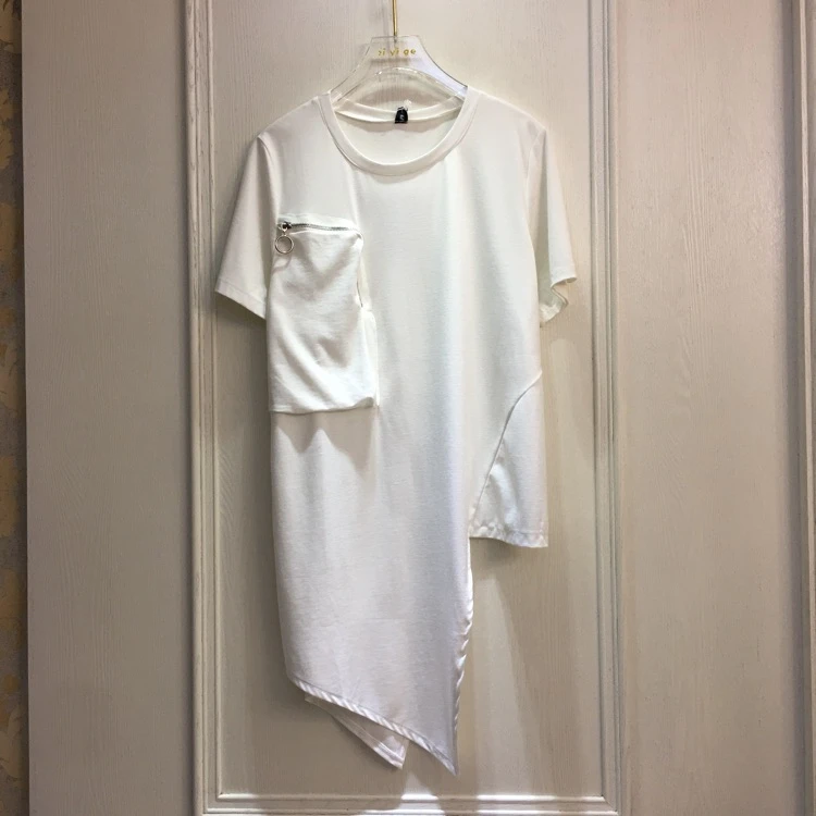 2025夏装新款口袋纯色宽松百搭简约短袖中长款女T恤不规则上衣潮