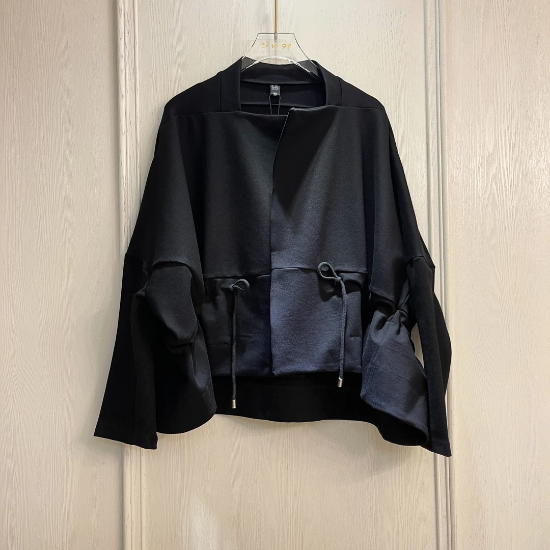 欧洲站2025春秋新品系带抽绳高级感气质半高领收腰短款百搭外套女