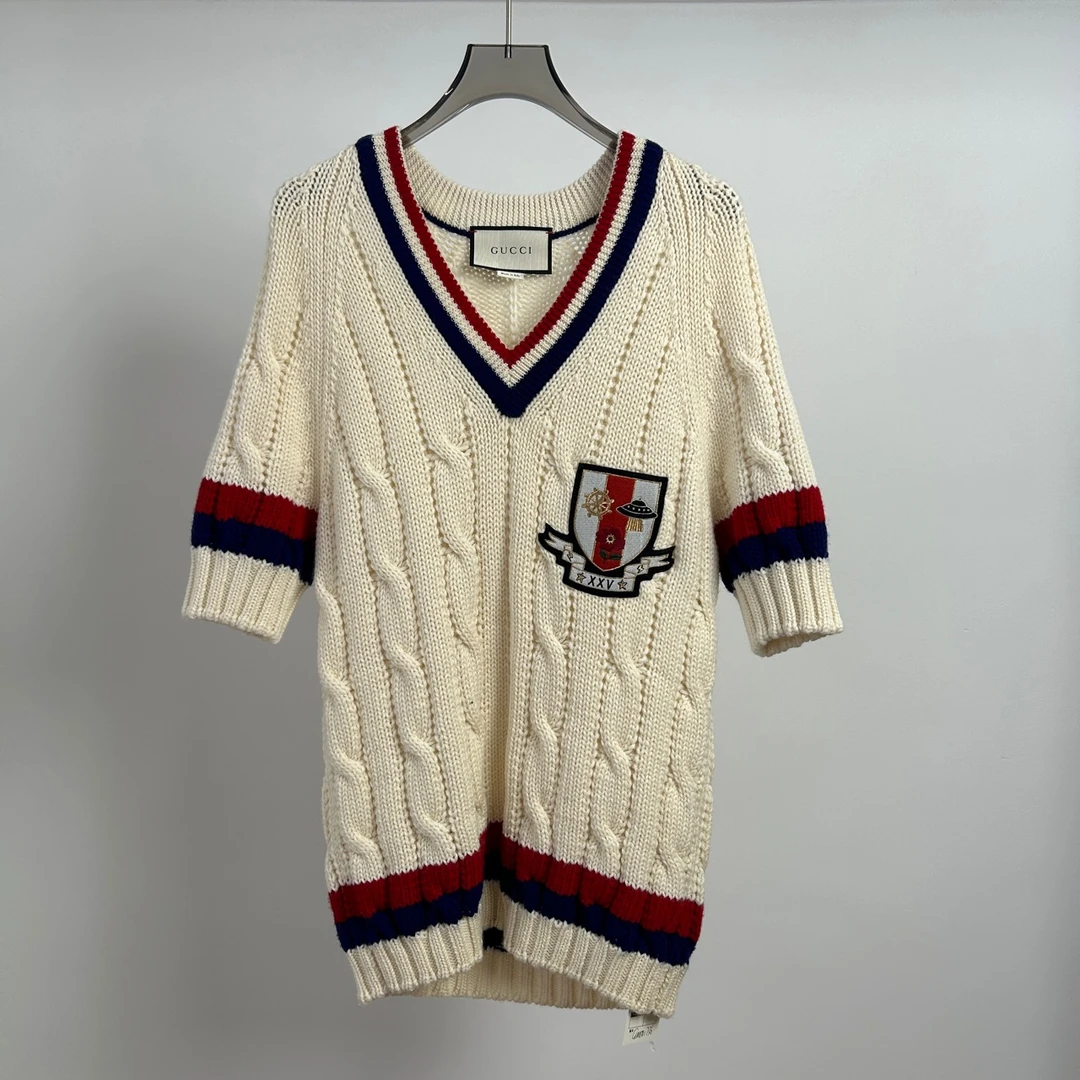 Gucci/古驰/米色针织V领短袖毛衣 S码 99新 GM001736