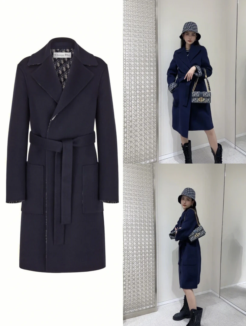 Dior/迪奥/藏蓝色内里满印羊绒大衣长款 34码 99新 GM000900