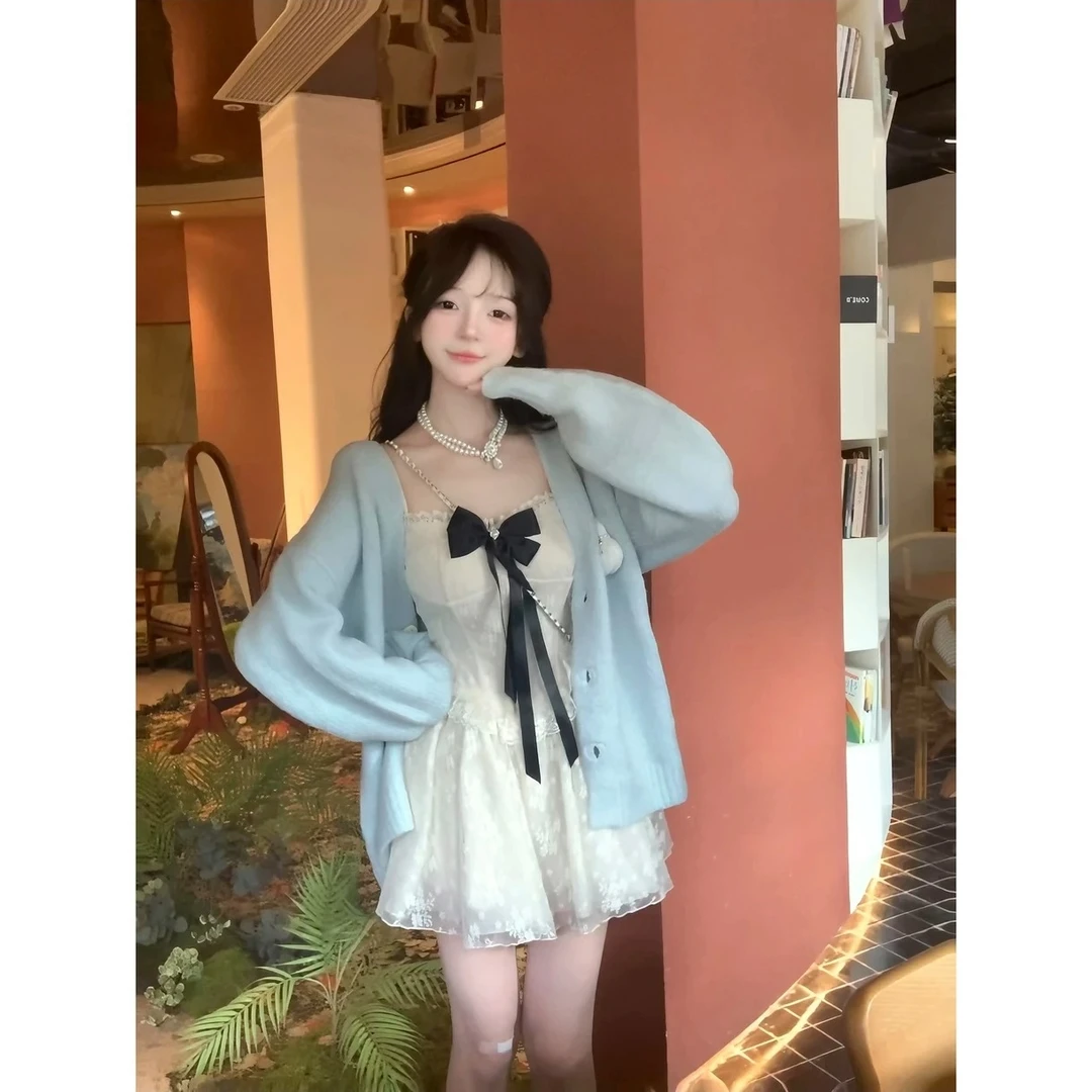 2024新款秋冬套装女纯欲甜美修身吊带连衣裙中长款开衫毛衣两件套