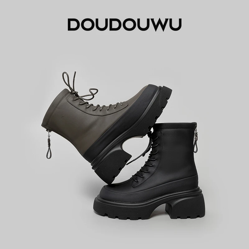 豆豆屋厚底马丁靴女加绒2025冬季新款韩版英伦风休闲粗跟保暖短靴
