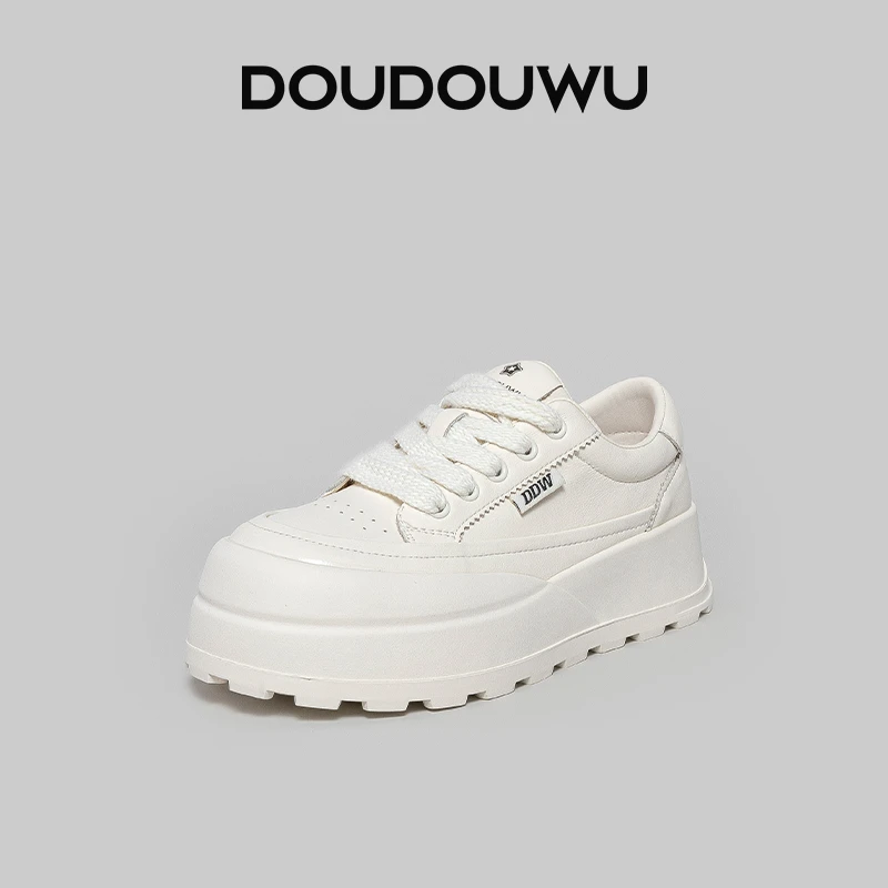 豆豆屋厚底小白鞋女2025春秋季新款韩版潮休闲系带百搭松糕女单鞋