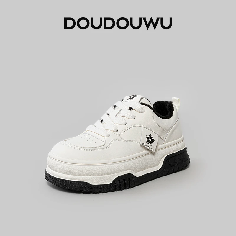 豆豆屋厚底板鞋女加绒冬季新款韩版运动休闲松糕百搭系带女鞋