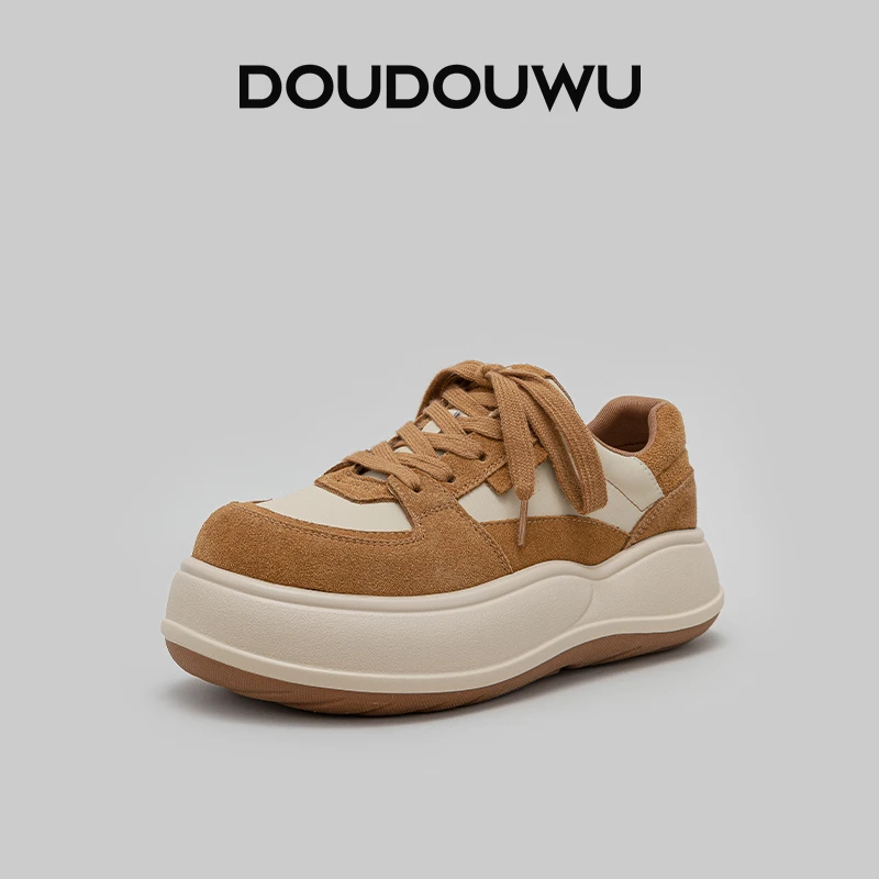 豆豆屋厚底板鞋2025秋季新款韩版潮休闲系带百搭系带松糕平底女鞋