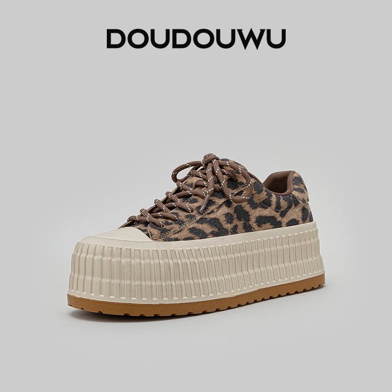 豆豆屋厚底饼干鞋女2024秋季新款韩版潮休闲系带豹纹百搭松糕女鞋