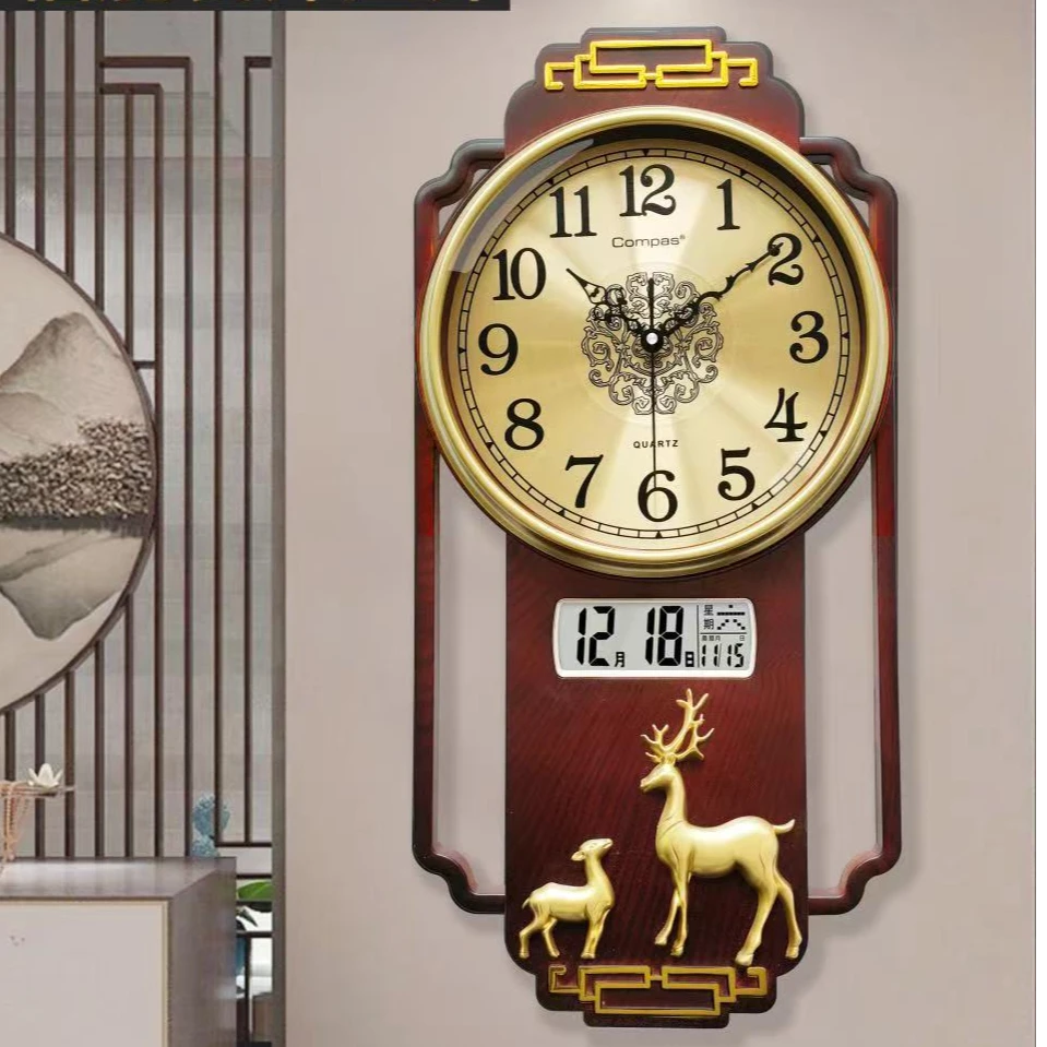 新中式免打孔钟表挂钟客厅家用时尚大气挂墙时钟2024新款轻奢日历