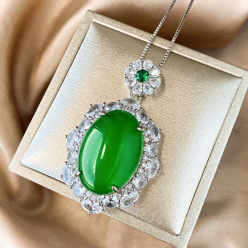 铜合金项链 1226铜底镀金绿色奢华石项链18*25-13*18