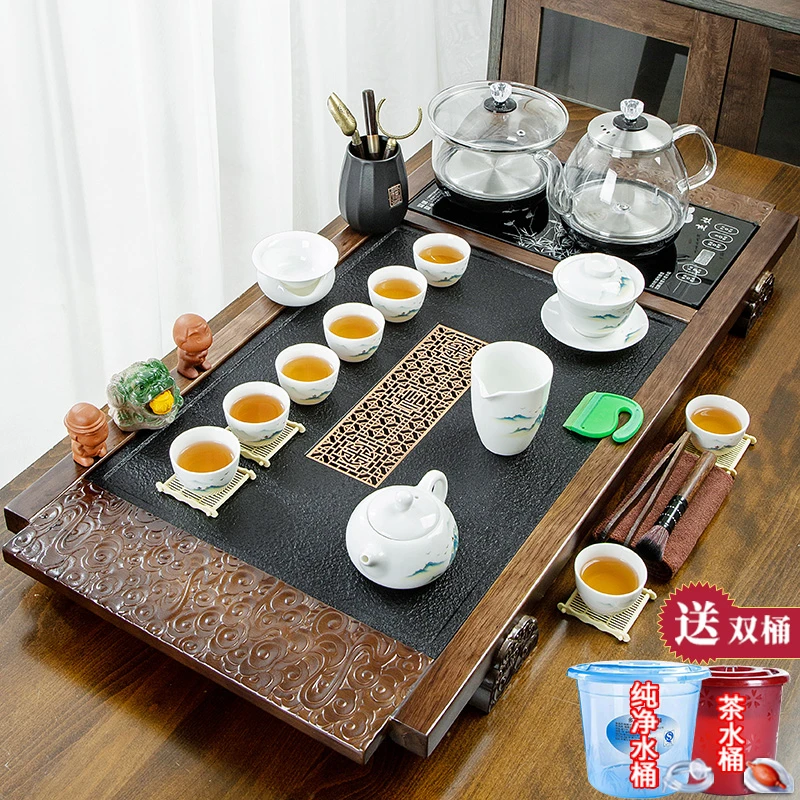 臻昊茶具套装家用全自动实木茶盘简约陶瓷功夫整套一体石茶台道