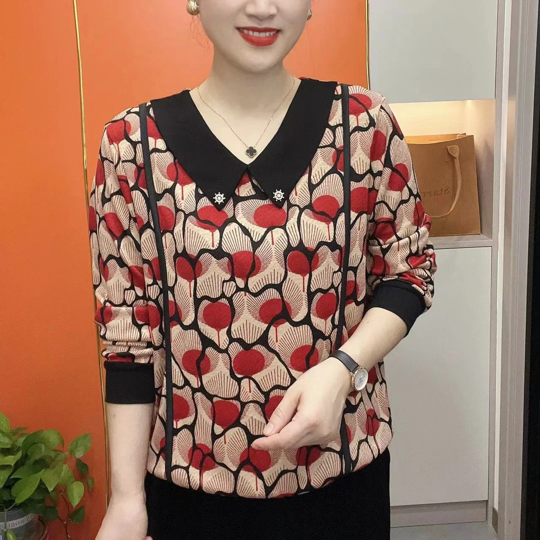 2024秋季新款妈妈装休闲减龄娃娃领时尚洋气长袖百搭上衣8609