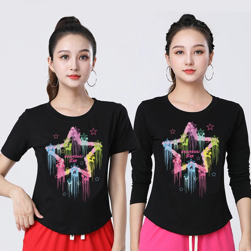 夏季短袖女士广场舞上衣运动休闲服跳舞舞蹈服螺纹棉健身衣圆领
