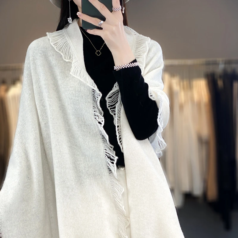 流苏纯羊毛披肩针织女士洋气款