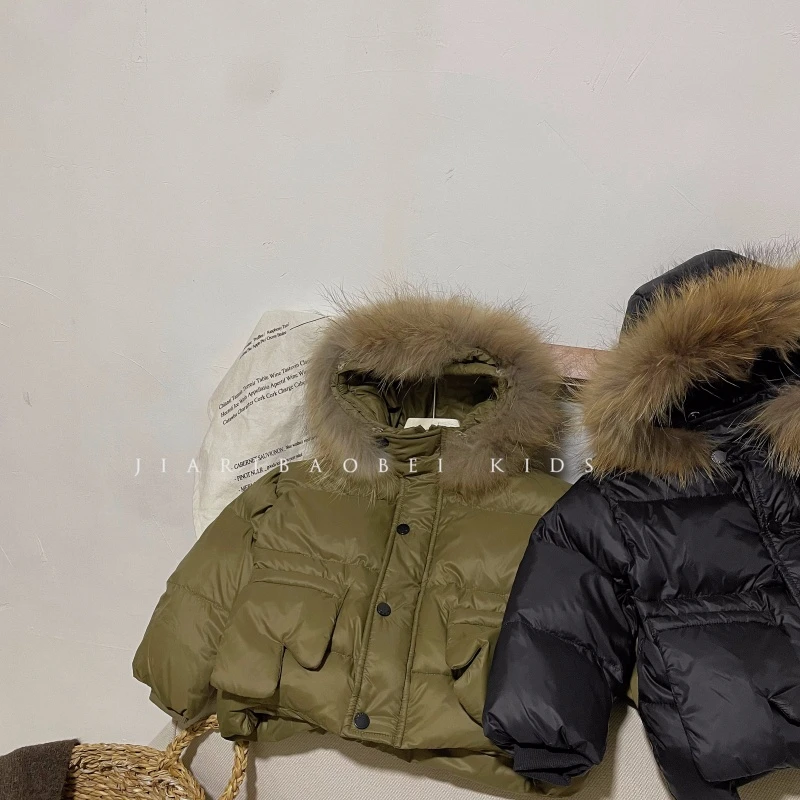 韩版男童冬季新款外套加厚保暖洋气连帽经典款大毛领羽绒服