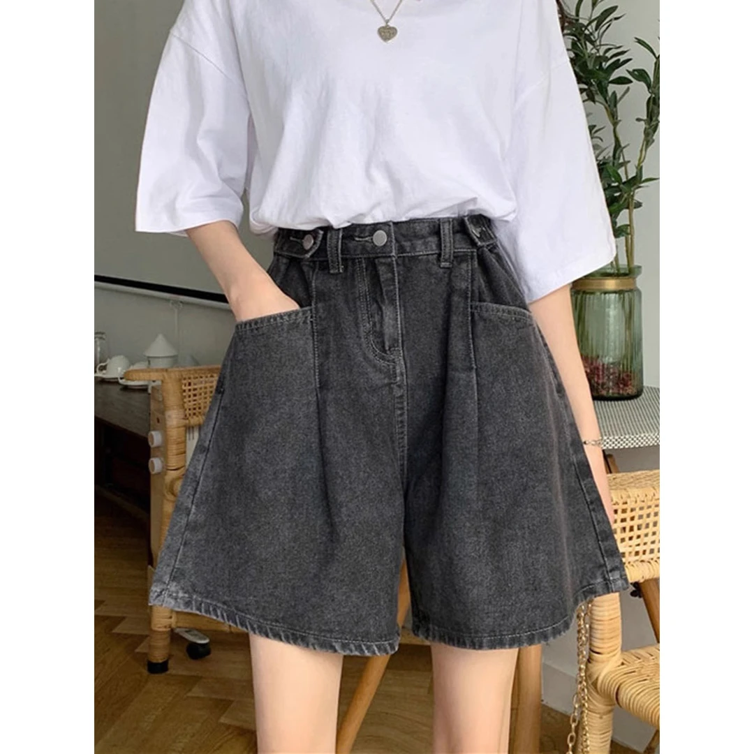 9619黑灰色高腰牛仔短裤女夏季大码胖妹妹设计感宽松显瘦五分裤子