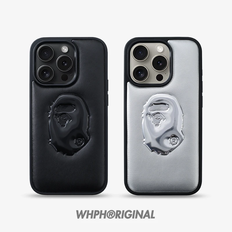 潮牌bape猿人头iPhone14Promax手机壳皮革适用于苹果15磨砂保护套
