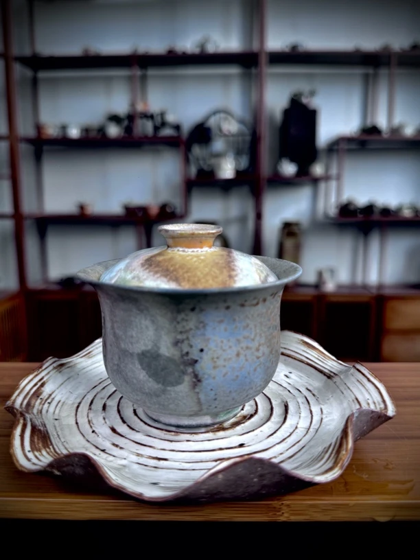 乘风茶器纯柴裸烧150cc中白泥福袋盖碗陶瓷纯手工冰裂纹瓷盖碗