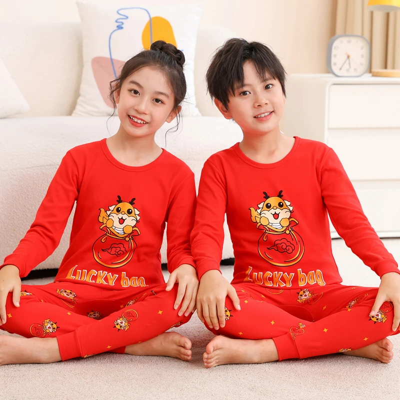 儿童大红色本命年纯棉内衣套装男童女童保暖青少年中大童秋衣秋裤