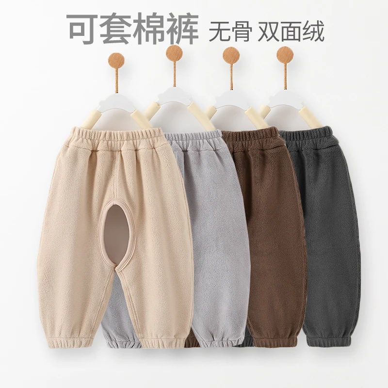 钓鱼猫婴儿裤子加绒加厚秋冬季宝宝罩裤可套棉裤开裆长裤外穿加宽