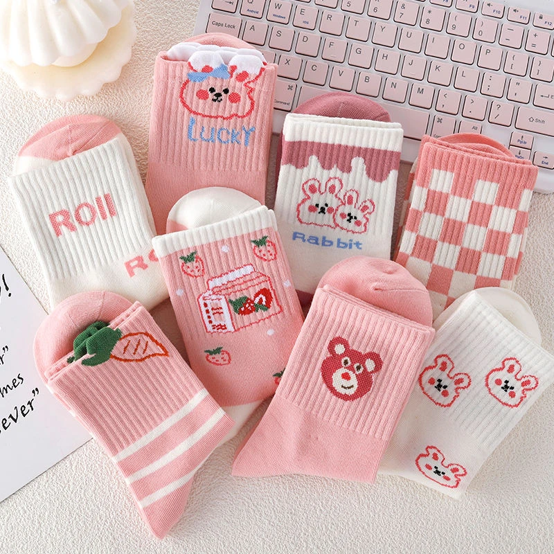 粉色儿童袜子秋冬厚款中筒卡通棉质中大童女宝初中生高腰女童袜子