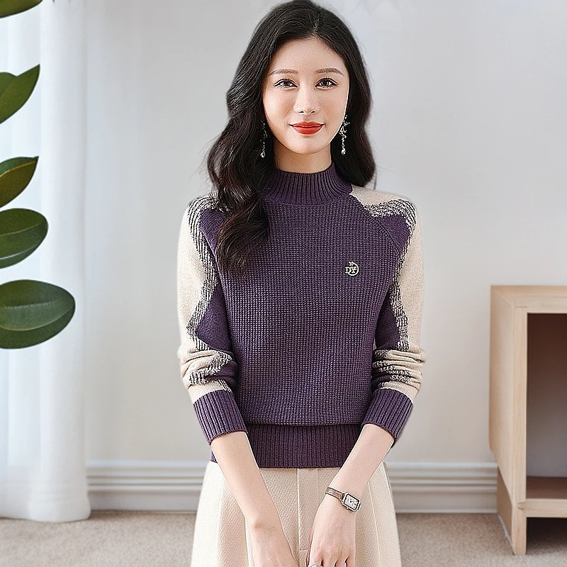 2024冬季新款半高领拼色针织衫洋气时尚百搭宽松遮肉减龄精致上衣