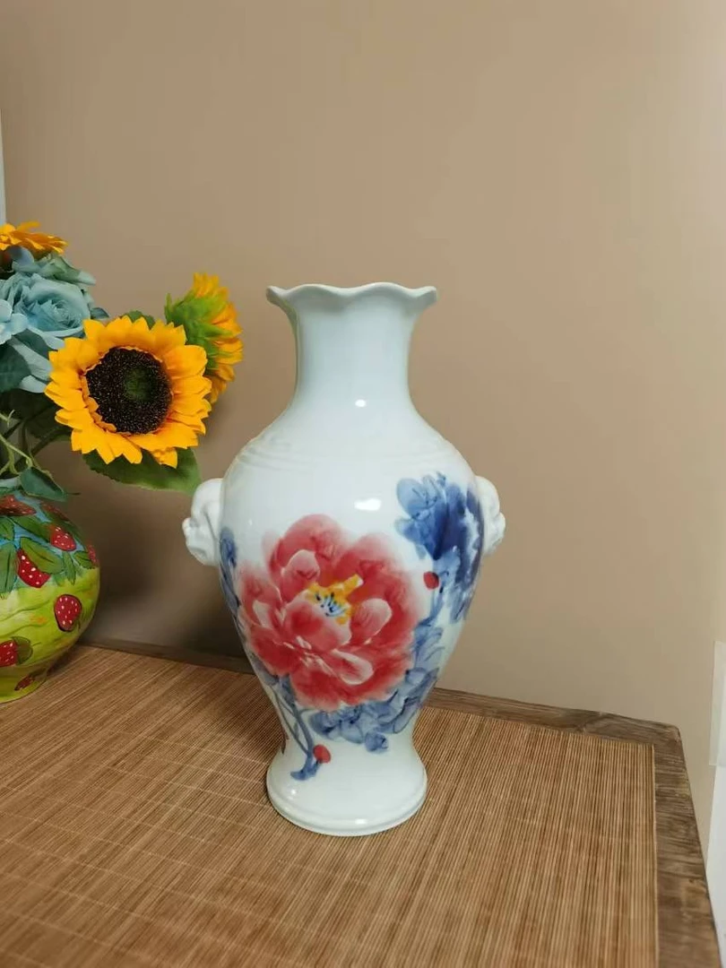 兽耳花瓶高白【红牡丹】陶泥复古纯手工绘花瓶花器笔筒