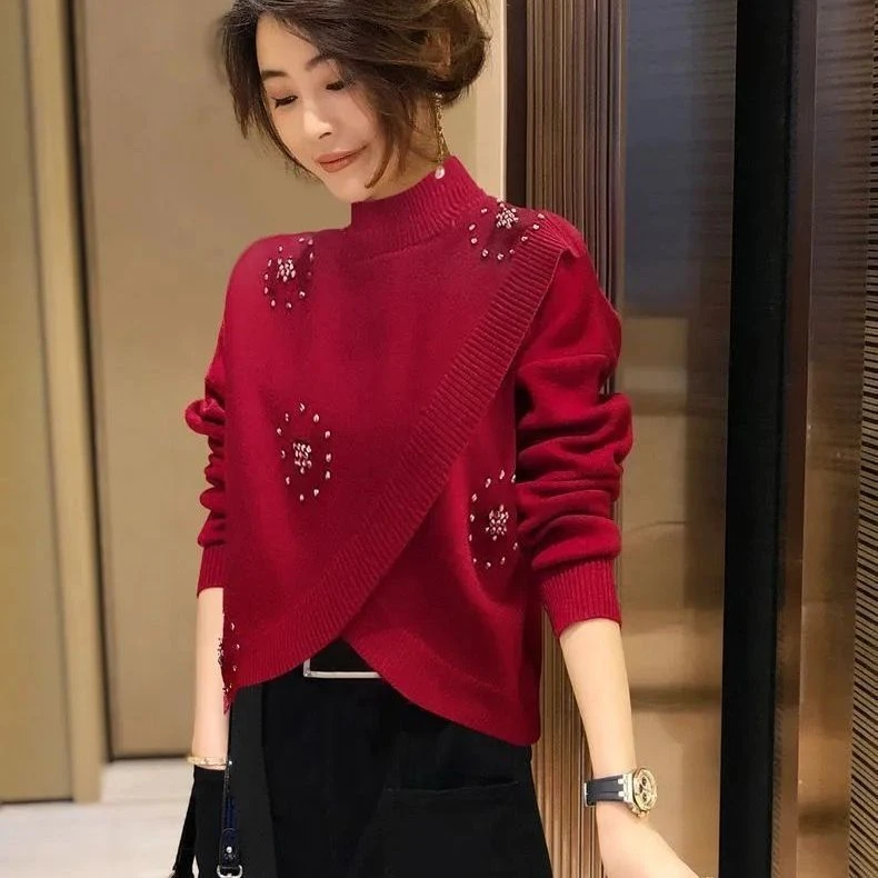 2950 中国红针织衫毛衣半高领宽松洋气女新款欧洲站打底线衣