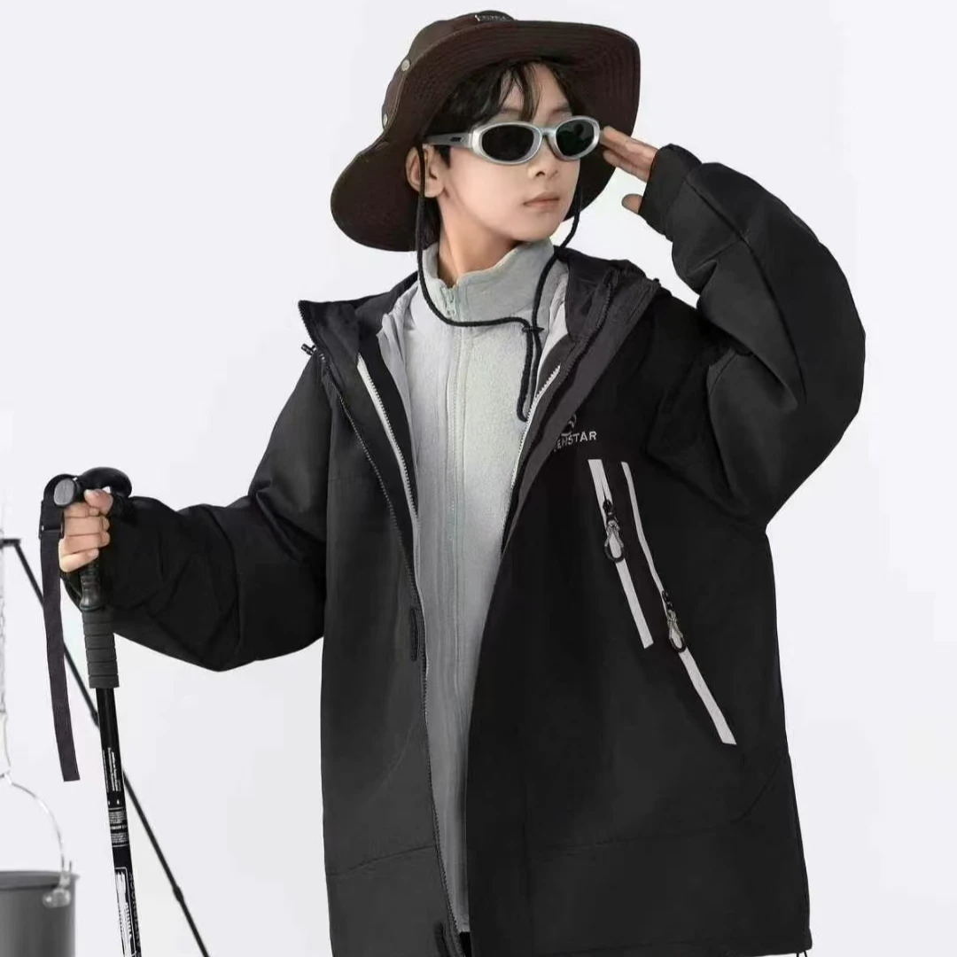 三合一冲锋衣外套140到170尺码时尚休闲连帽加绒加厚防风冬季