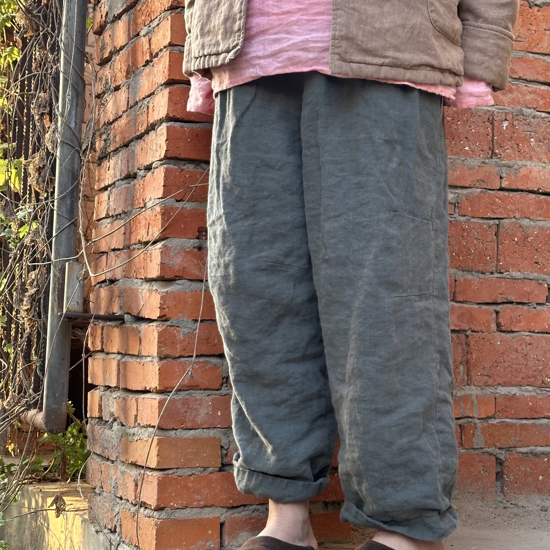 周周布衣KS1622-秋冬高支高密砂洗亚麻 双层加厚休闲裤显瘦不臃肿