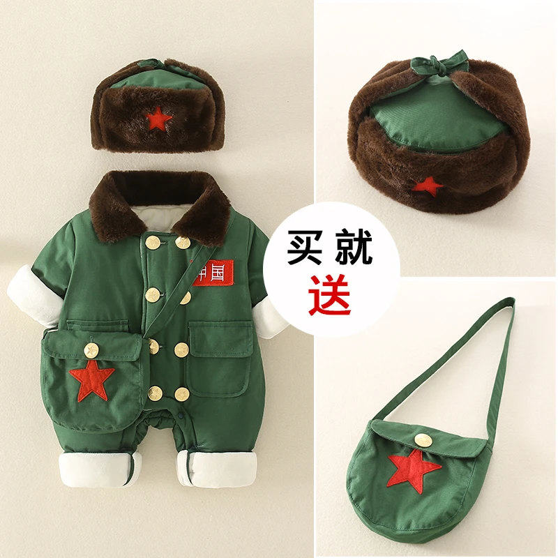 婴儿厚棉衣新生儿冬装加绒加厚爬服棉衣中国风宝宝冬季保暖衣服