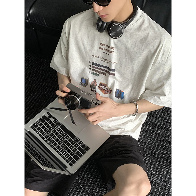 PLTH*韩系复古休闲重磅小领口宽松落肩显瘦情侣款T恤美式短袖男女