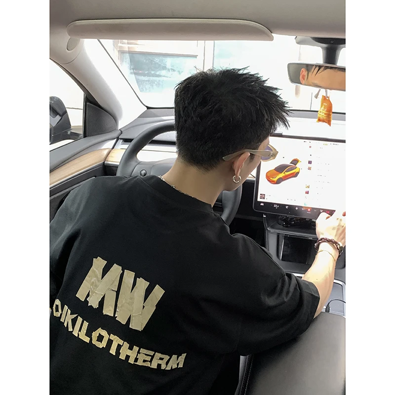 PLTH*水洗做旧纯棉原创胶带印花小领口宽松版型美式小众印花T恤男