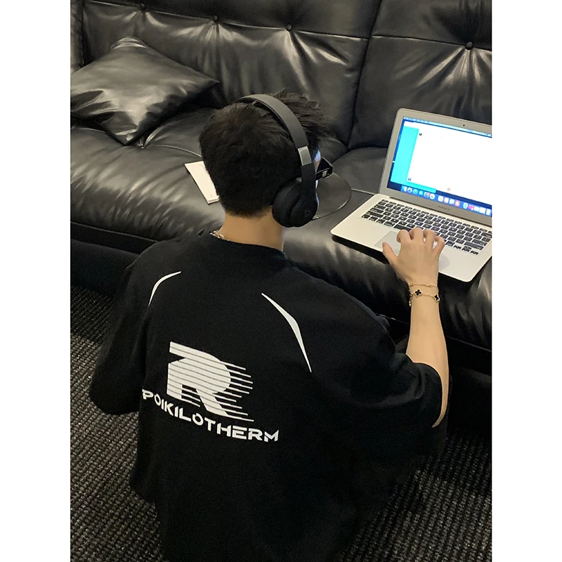 PLTH*复古重磅纯棉赛车元素印花宽松美式水洗小众印花T恤男女短袖