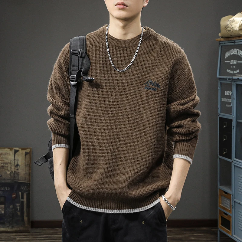 美式重磅复古假两件套头毛衣男宽松大码冬季潮牌刺绣圆领针织外套