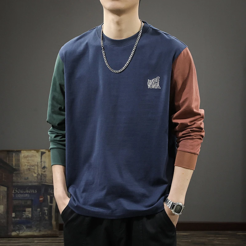 2025秋季新款高街拼色男士长袖t恤美式潮牌宽松大码休闲纯棉上衣