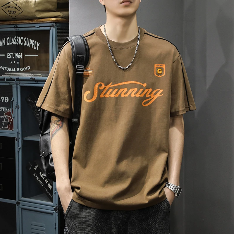 夏季重磅美式高街印花短袖T恤男宽松大码运动条纹圆领半袖体恤潮