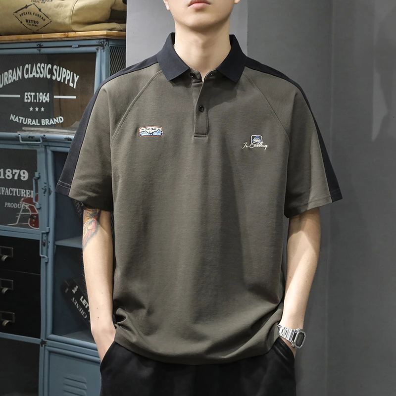 2025夏季新款翻领男士短袖POLO衫潮流拼接半袖体恤美式刺绣保罗衫