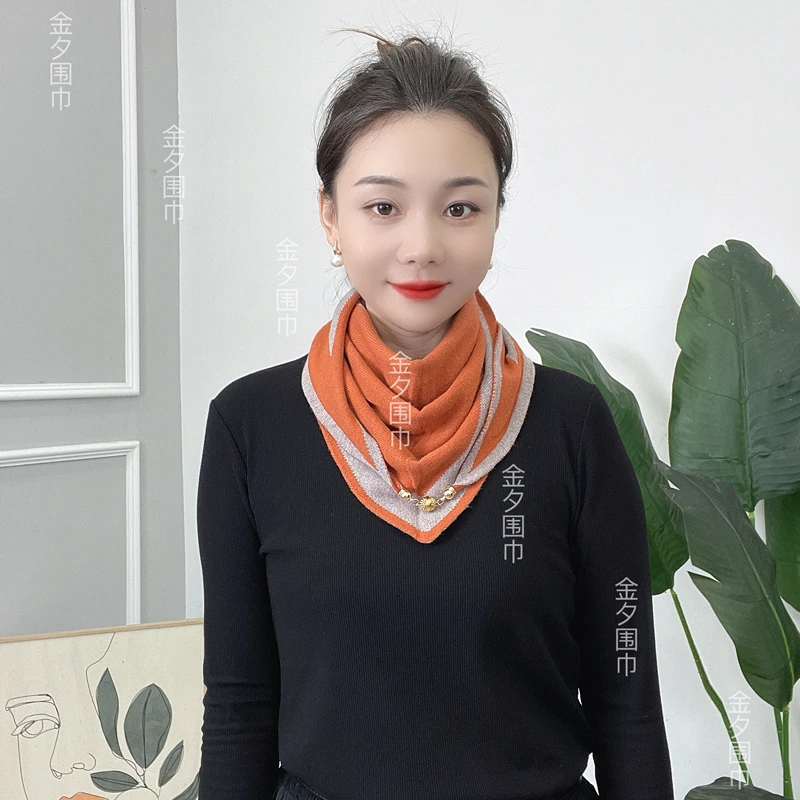 冬季新款磁吸扣针织围巾双面双色三角巾时尚洋气百搭围巾冬天百搭