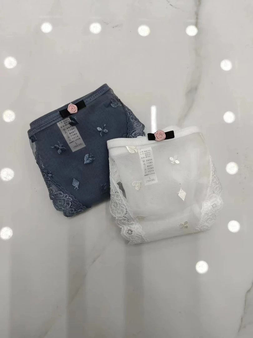 女款网纱刺绣蕾丝边大弹力家居小裤 两条装