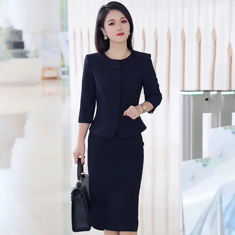 藏青西装女秋季新款高端气质两件套时尚御姐范收腰职业女裙套装