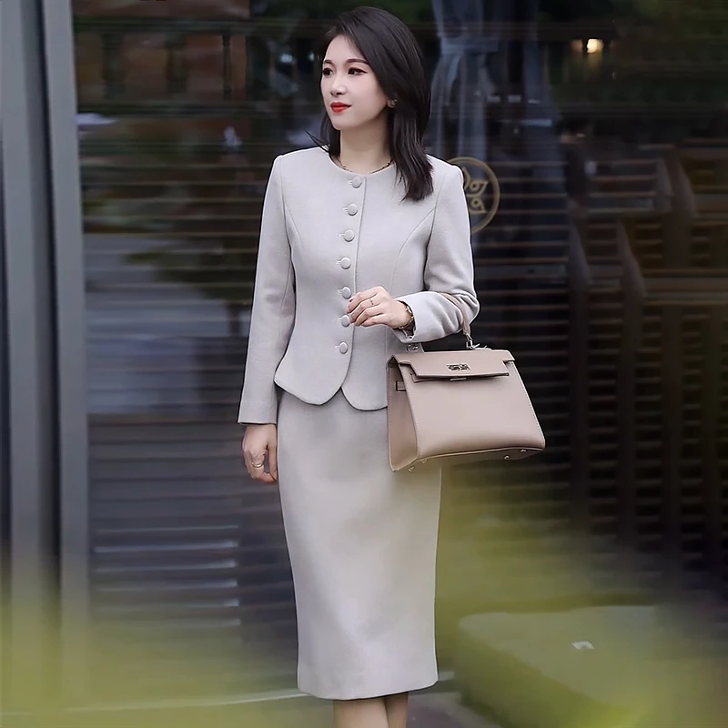 法式高级感套装女2024秋冬季端庄大气两件套燕麦色正式场合短外套