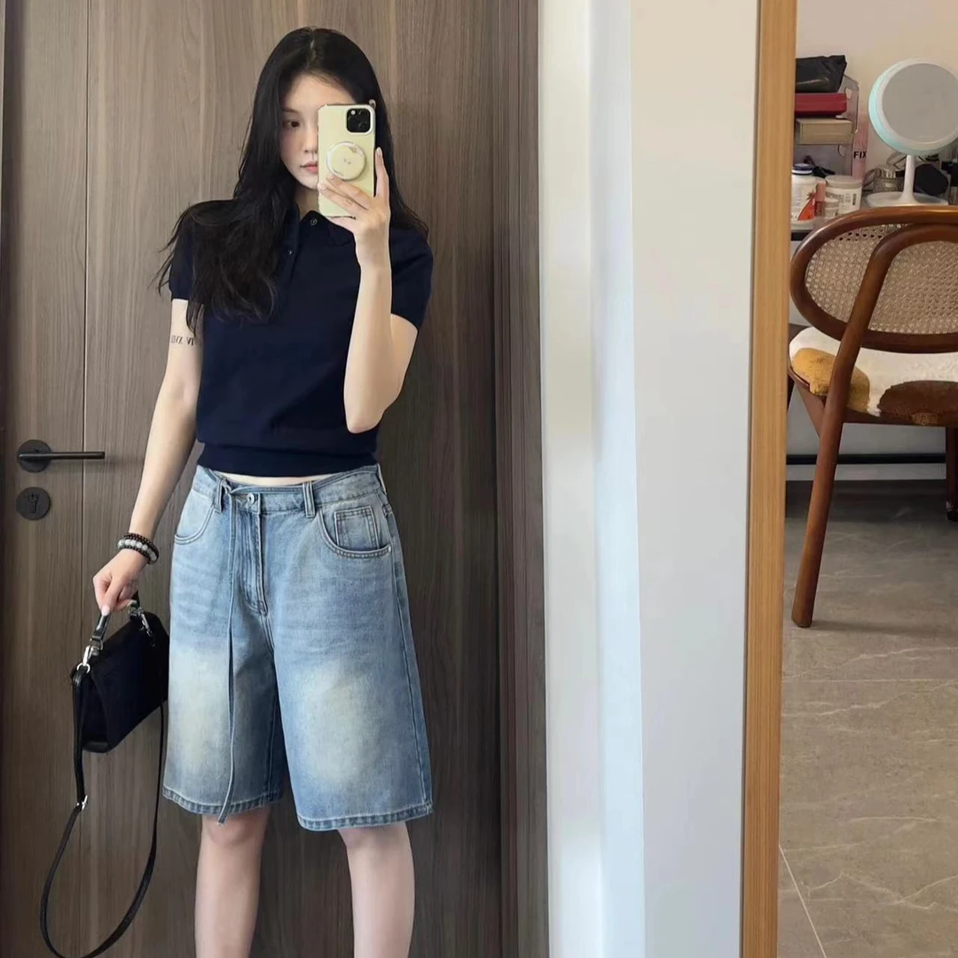2024新款夏季POLO衫休闲简约短袖气质T恤搭配牛仔短裤五分裤女