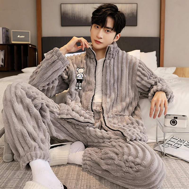 2024珊瑚绒睡衣男款加厚加绒拉链秋冬季保暖男士法兰绒家居服套装