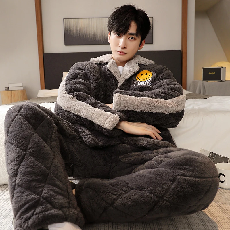 （零下10度可穿）睡衣男冬季三层夹棉加厚保暖加绒珊瑚绒家居服套装