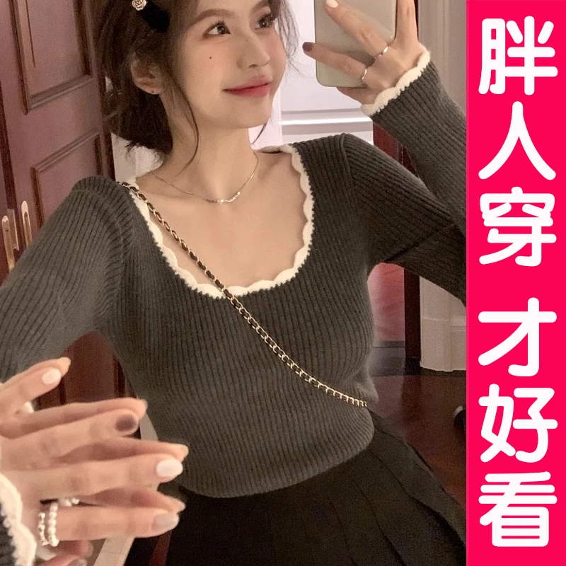 大码圆领复古气质撞色打底衫针织衫女内搭毛衣软糯上衣胖mm春秋冬