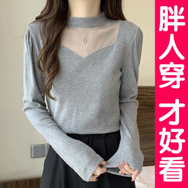 大码半高领套头毛衣女胖mm网纱上衣洋气针织衫内搭打底衫胖妹妹秋