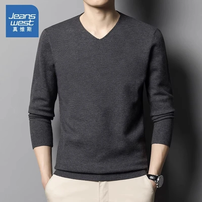 真维斯秋冬季V领毛衣男士2023新款宽松百搭纯色毛线衣针织打底衫