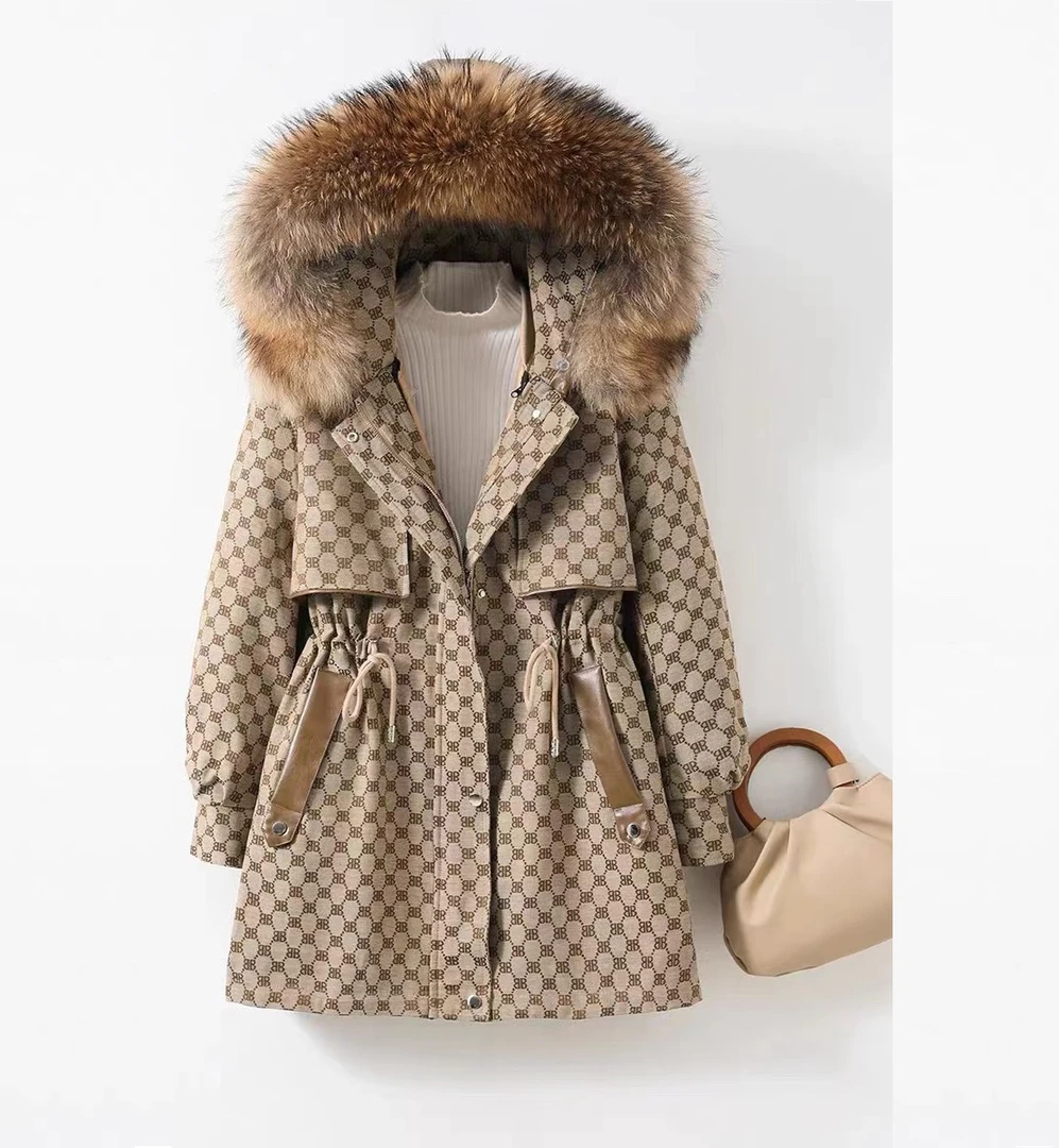 【睿佳人】2024新款格子女款派克服 时尚连帽中长款冬季抗寒保暖