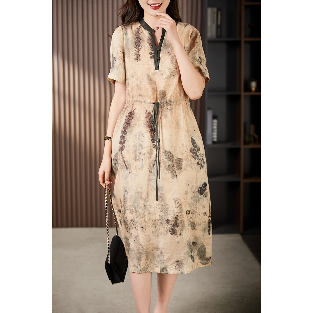 原形复古V领苎麻印花新款抽绳收腰连衣裙600014