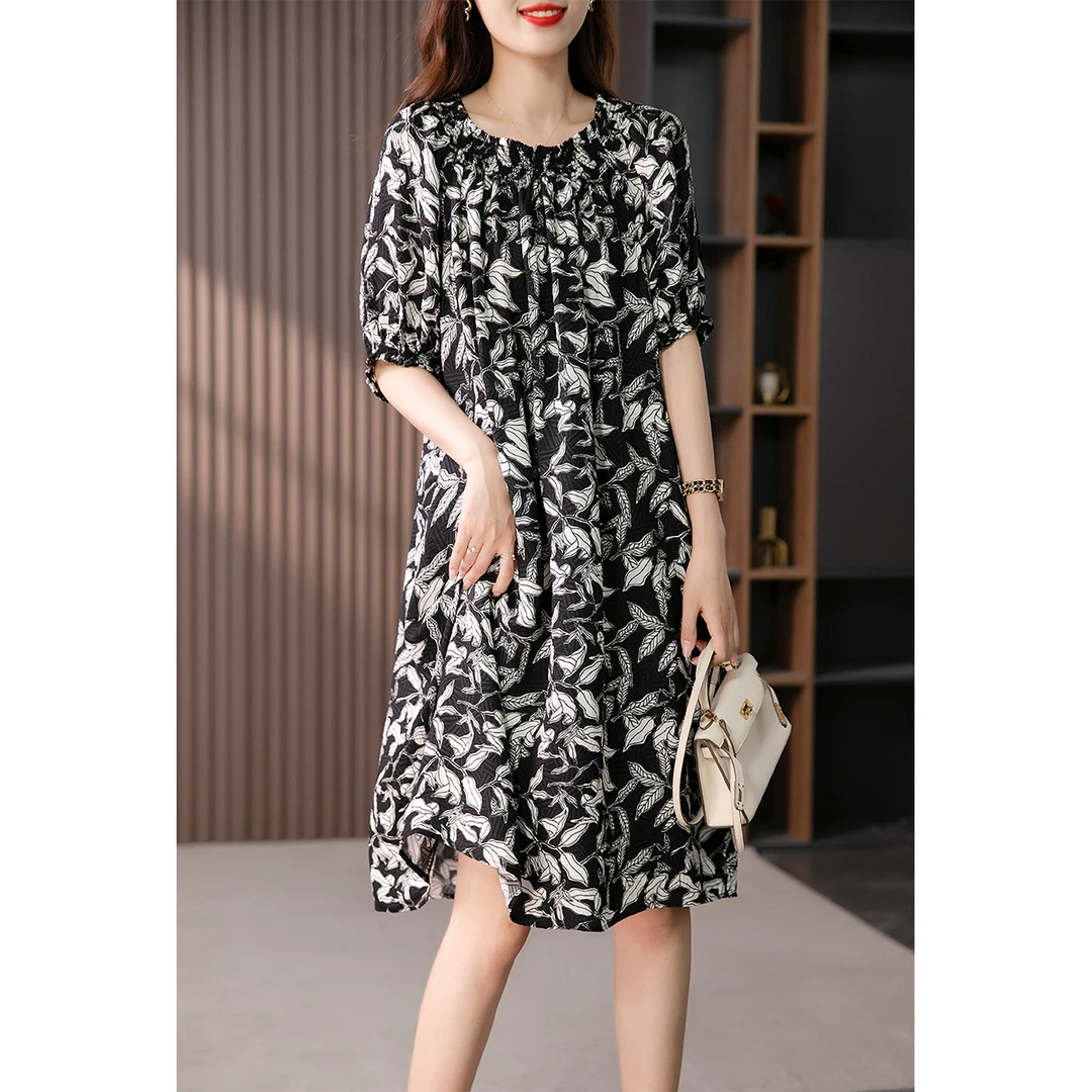 原形2025夏季气质21姆米弹力缎桑蚕丝显瘦印花女装连衣裙 89251
